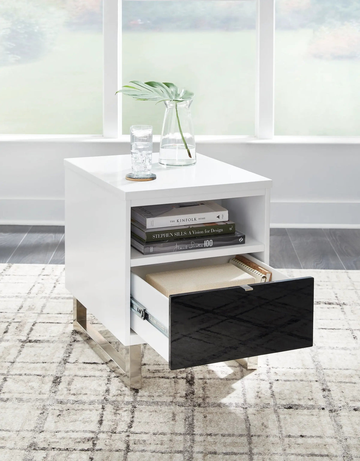 Chair Side End Table | USB Charging | Black Drawer | White Gloss Finish