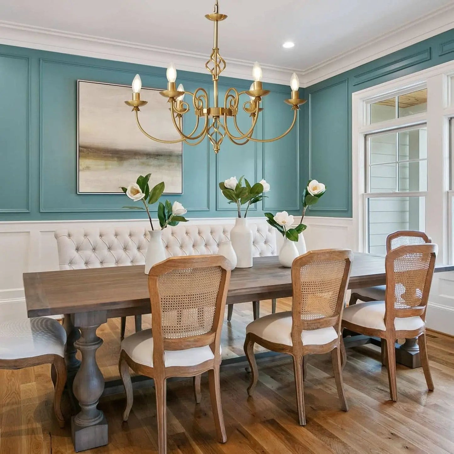 Gold Six Light Chandelier Pendant 26 Inch Dining Light from PriceLows™