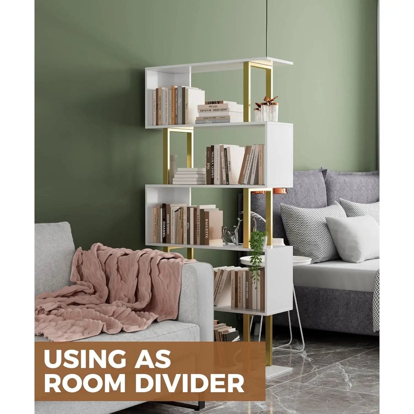 Gold 5 Tier S Shaped Wooden Bookcase For Living Room from PriceLows™