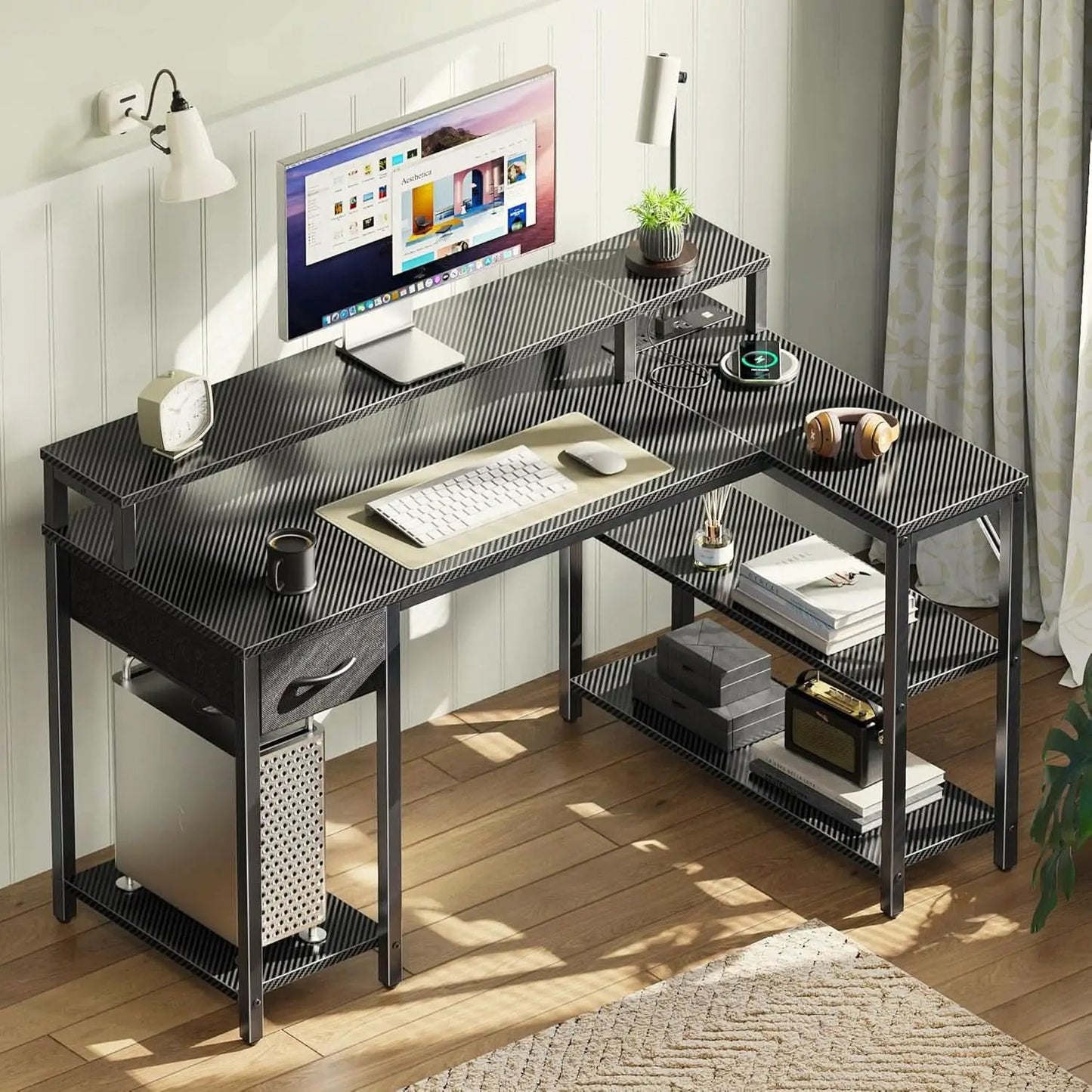 47 Inch L Shaped Gaming Computer Desk Power Outlets Plus from PriceLows™