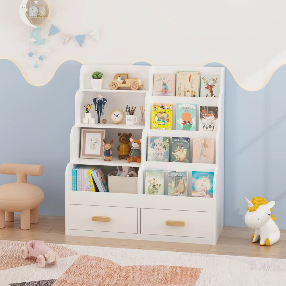 Front Facing Bookshelf | 2 Storage Drawers | Multi Tier Design | White