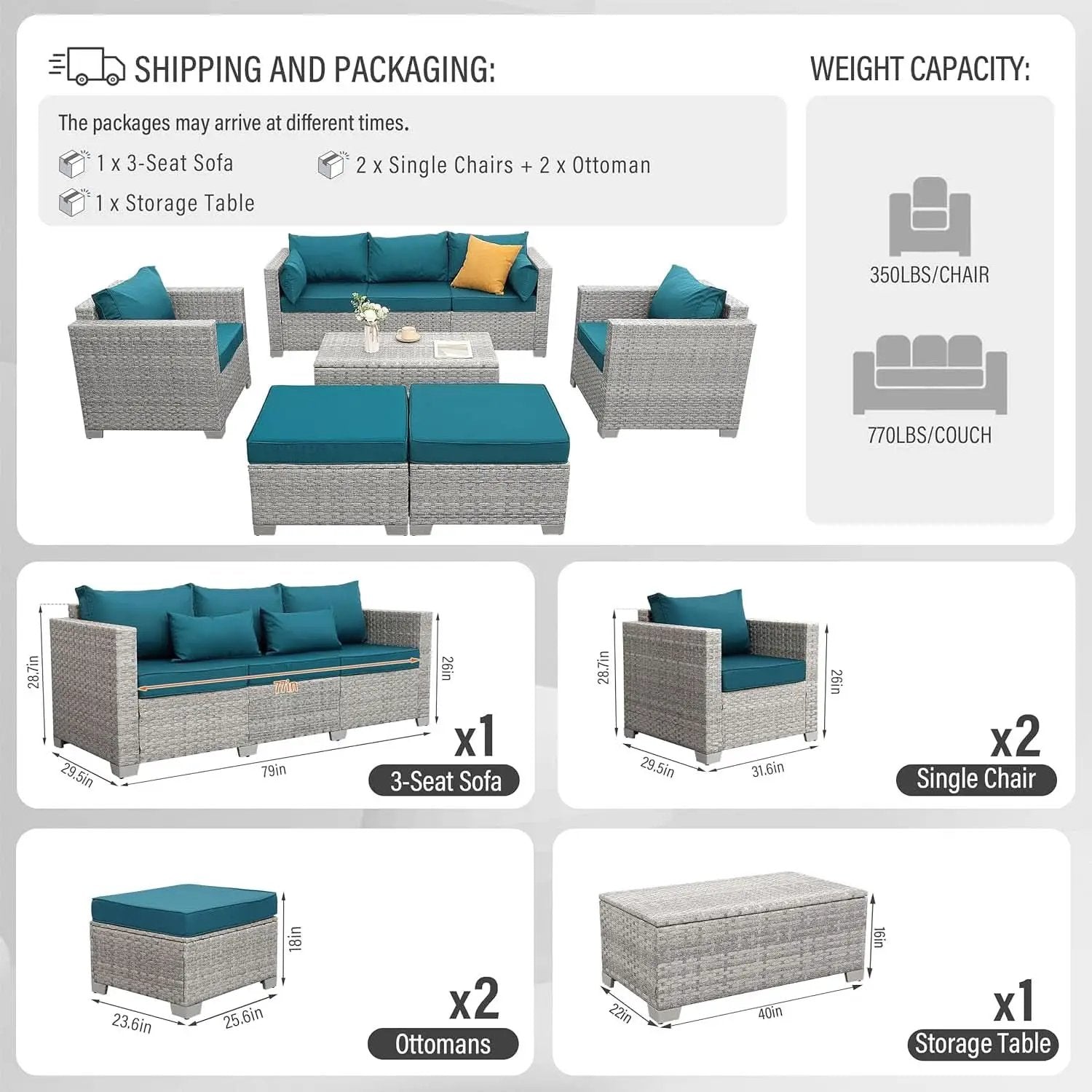 Patio Furniture Set 6 Piece Outdoor Grey Wicker With Peacock Blue Cushions from PriceLows™