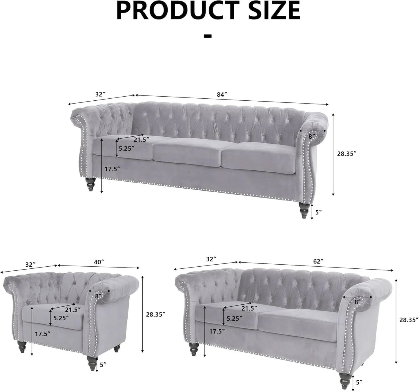 Three Piece Living Room Sofa Set Grey Velvet Chesterfield Sofa Club Chair Loveseat Nailhead Trim from PriceLows™
