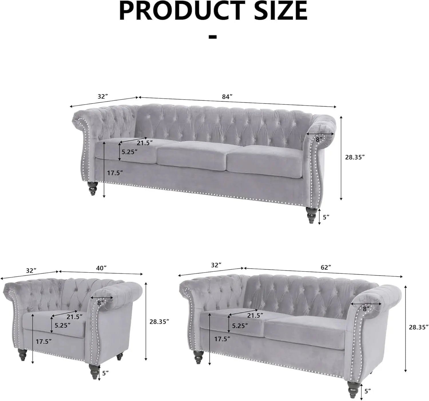 Three Piece Living Room Sofa Set Grey Velvet Chesterfield Sofa Club Chair Loveseat Nailhead Trim from PriceLows™