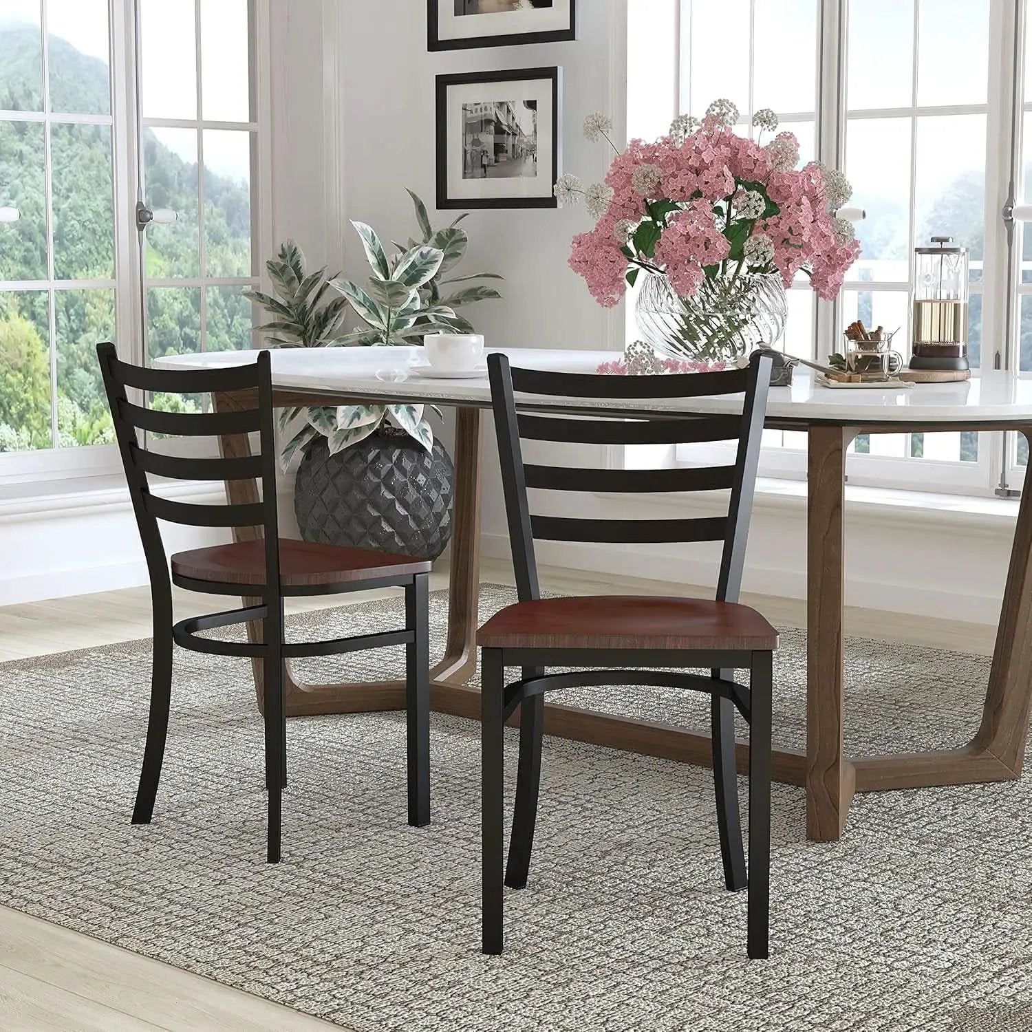 2 Pack Hercules Series Black Ladder Back Metal Dining Chair With Mahogany Seat For Restaurants from PriceLows™