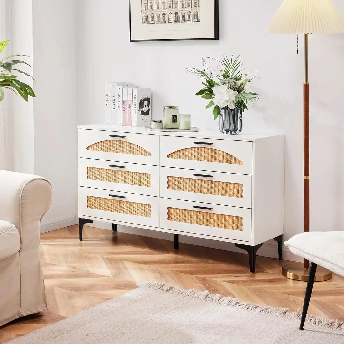 Six Drawer White Dresser With Industrial Steel Base from PriceLows™
