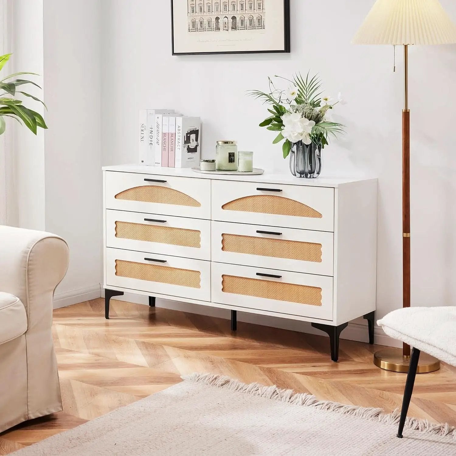 Six Drawer White Dresser With Industrial Steel Base from PriceLows™