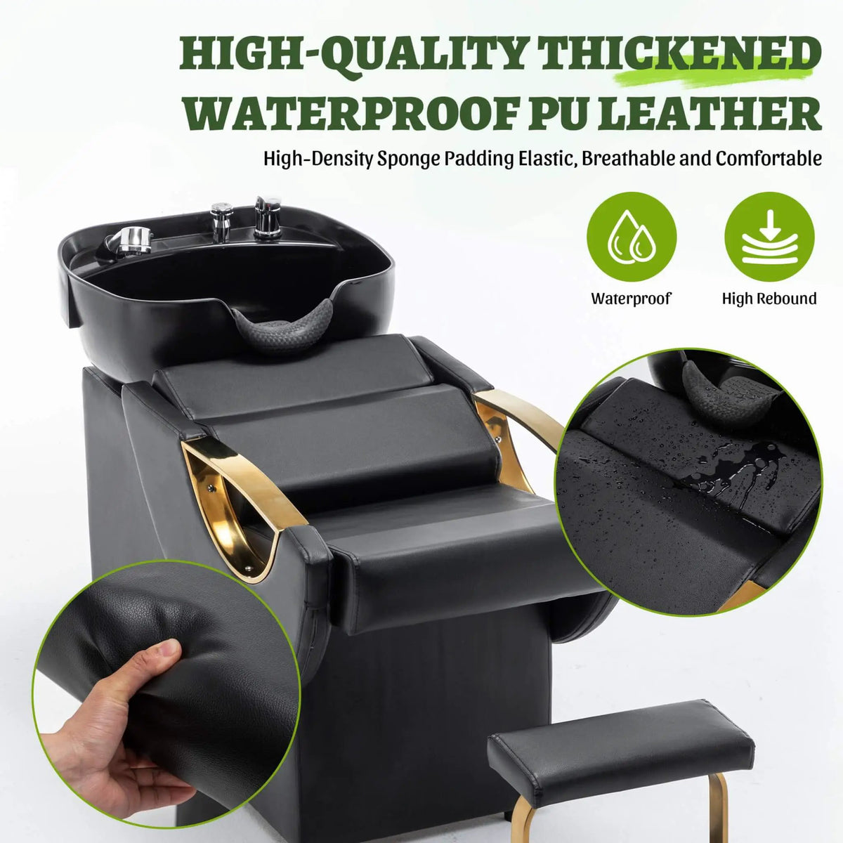 Salon Shampoo Bowl And Chair Set | Black And Gold Finish | Adjustable Footrest | Tilting ABS Sink