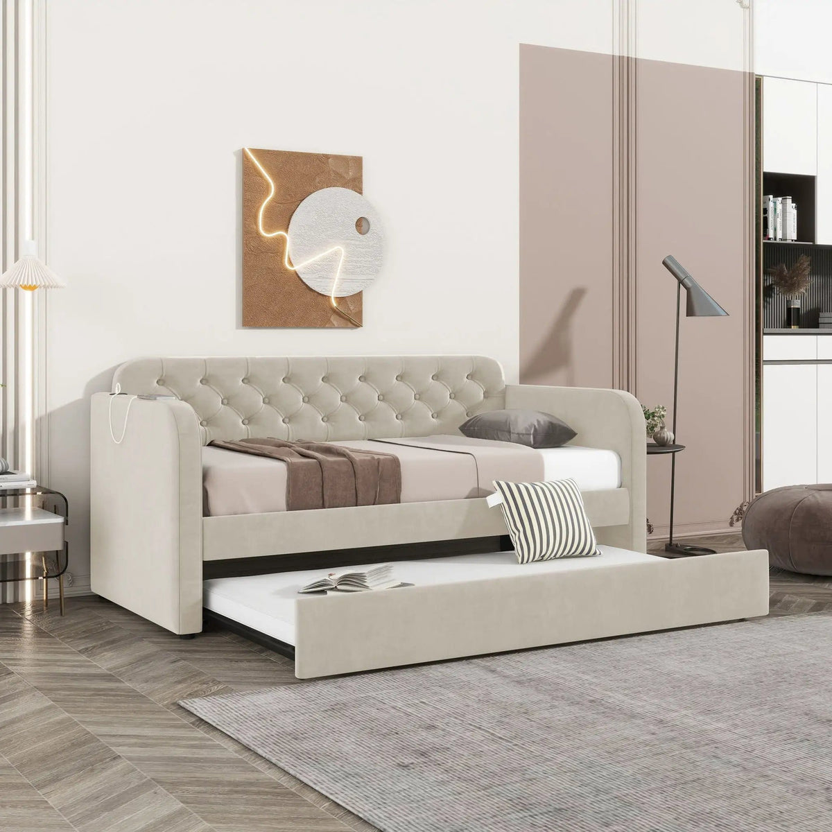 Upholstered Daybed With Trundle And USB Charging Design | 2 Pieces | Fabric | Bedroom