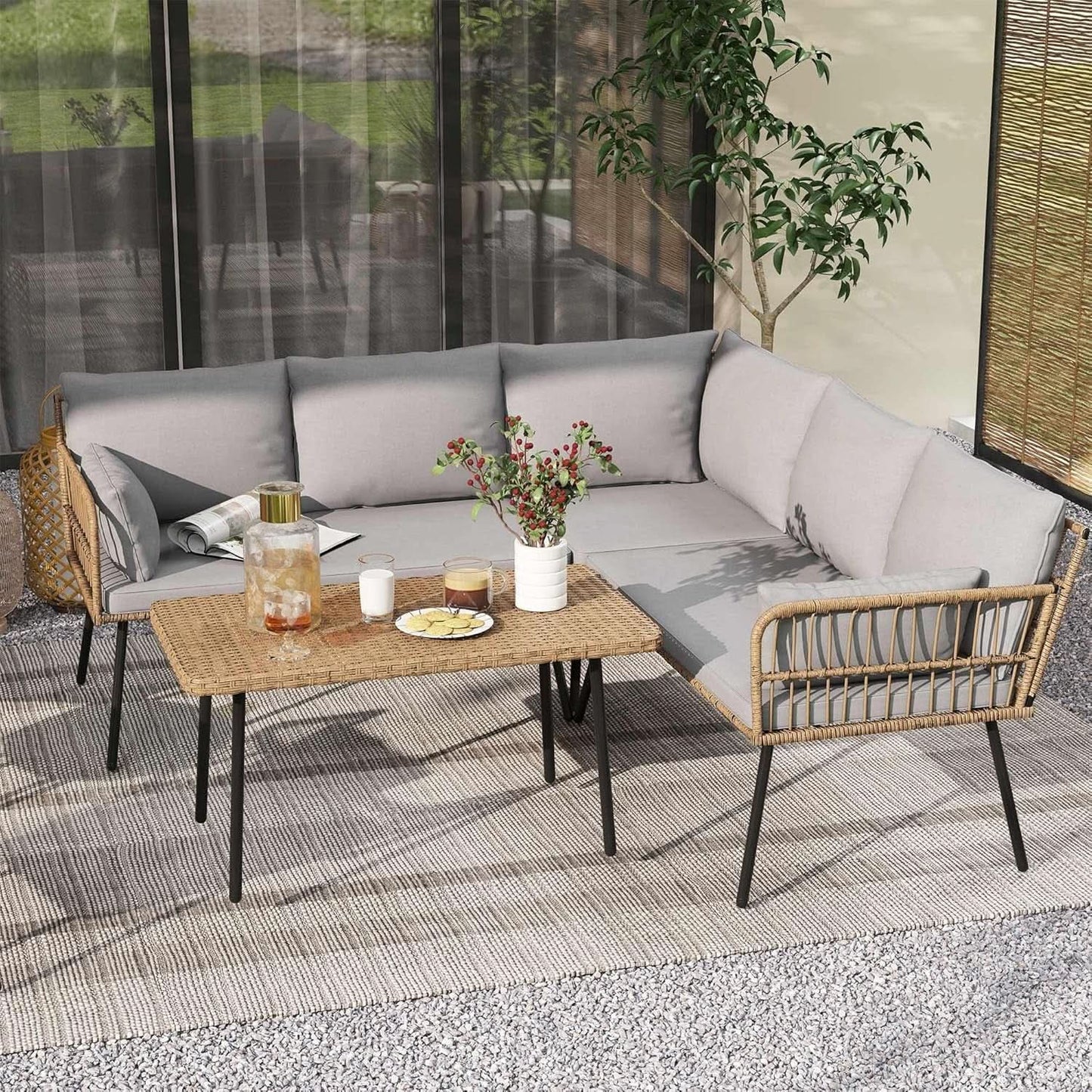 Patio Furniture Set 4 Piece Wicker Outdoor Grey Sectional from PriceLows™