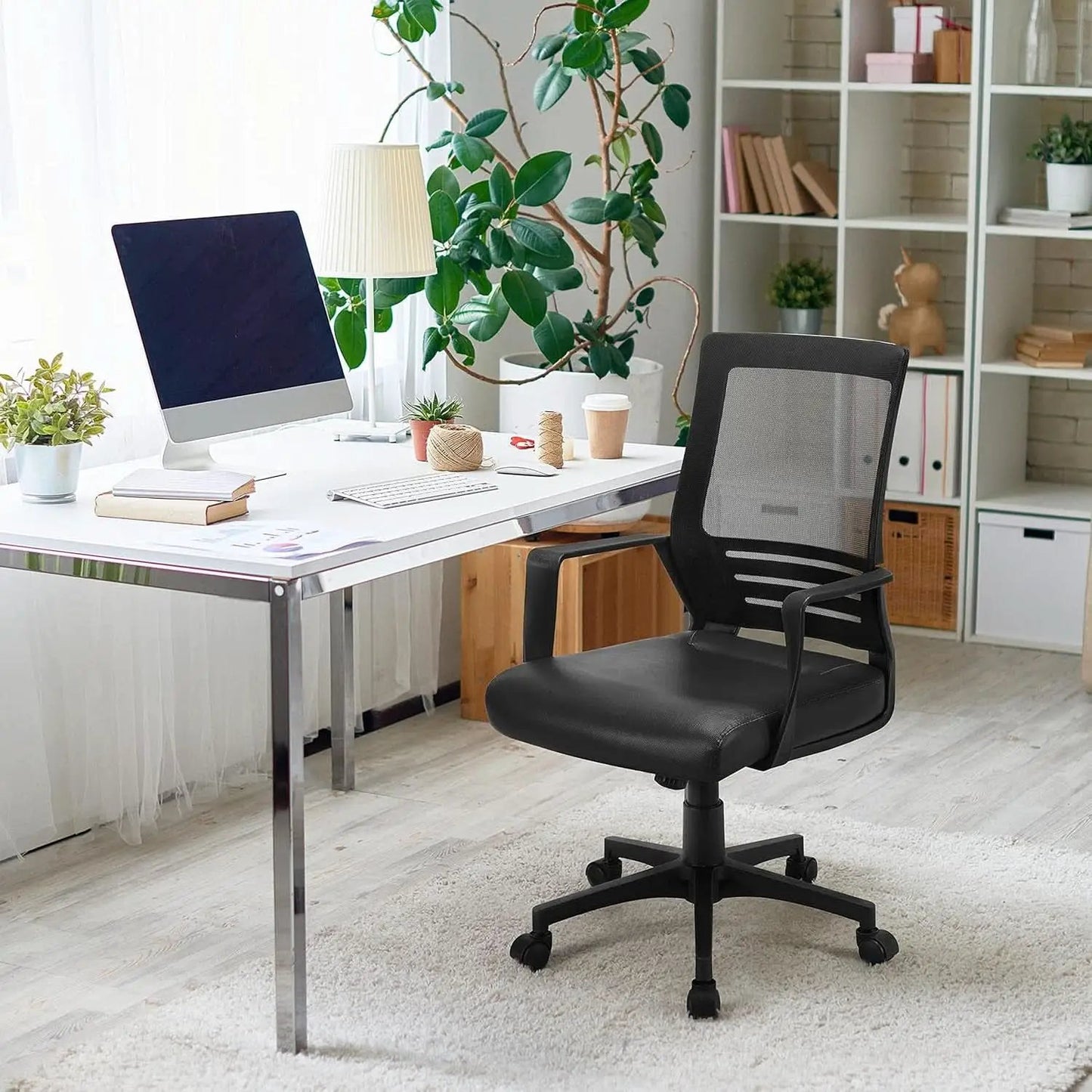 Ergonomic Office Chair Leather Seat Mesh Back Black With Lumbar Support from PriceLows™