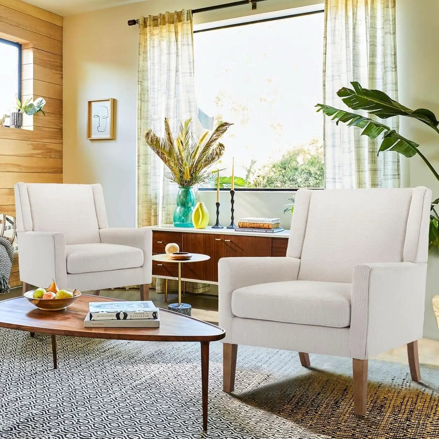 Beige Wingback Chairs With Wood Legs For Living Room from PriceLows™