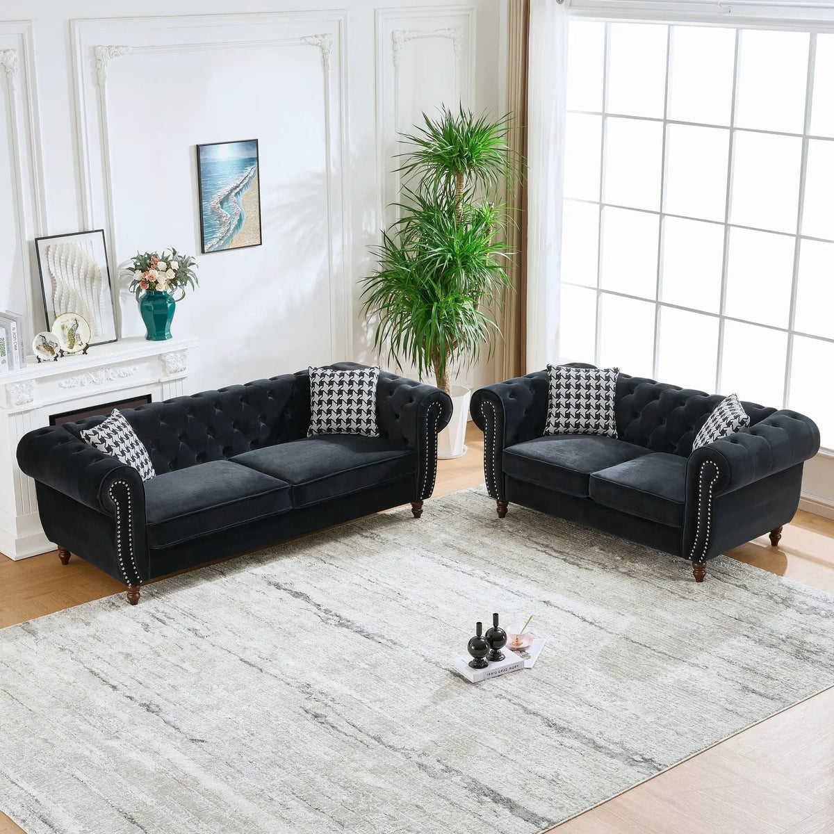 Chesterfield Sofa | Upholstered Fabric | Roll Arms Nailhead | 3 Seater