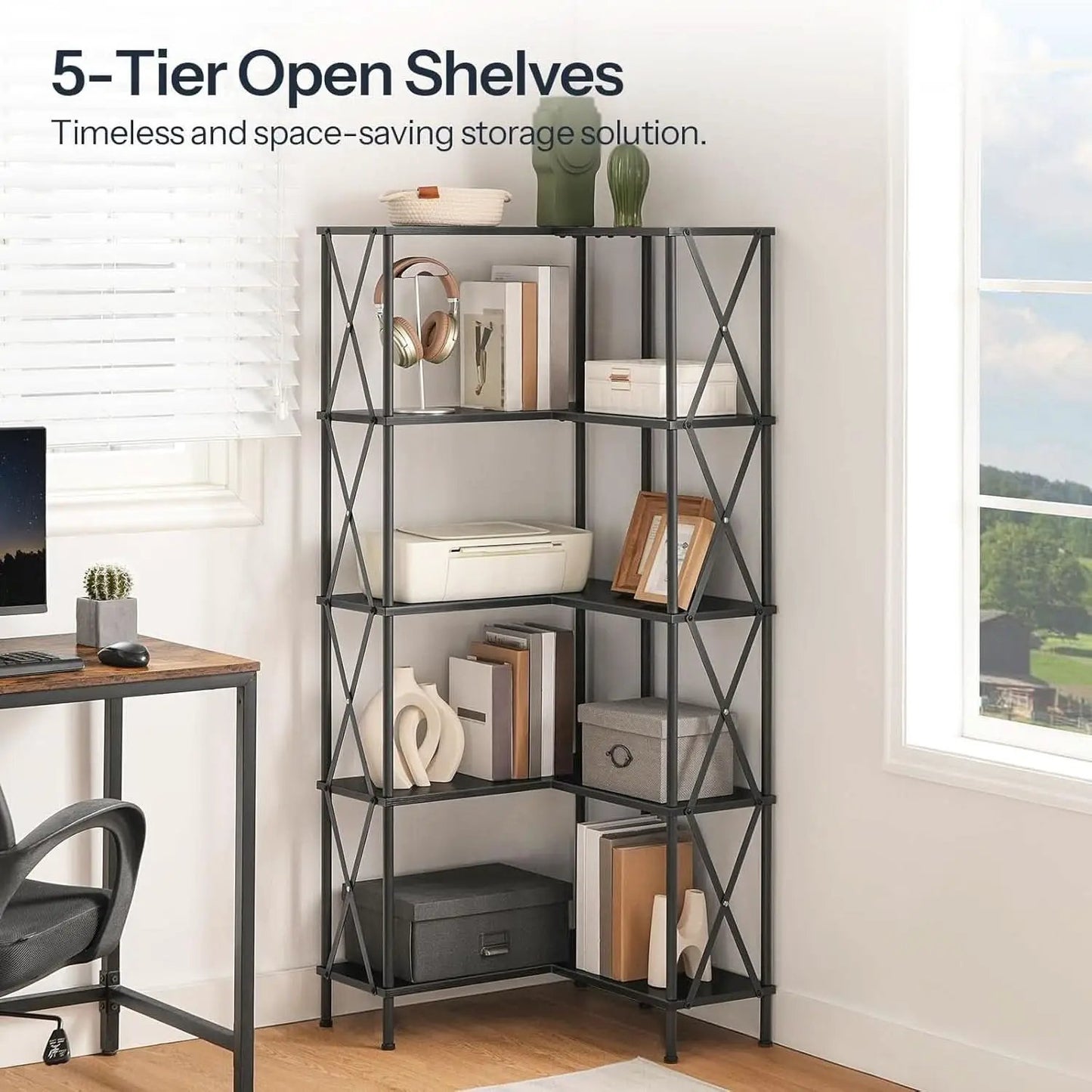 Corner Bookshelf 5 Tier L Shaped Industrial Open Display Shelf Black from PriceLows™