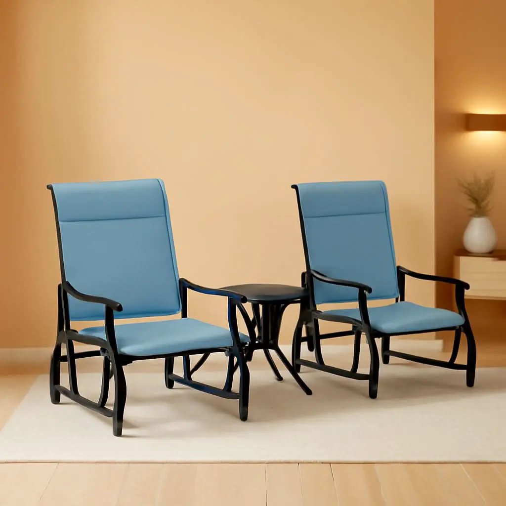 Light Blue Outdoor Glider Set With Steel Frame Glass Table from PriceLows™