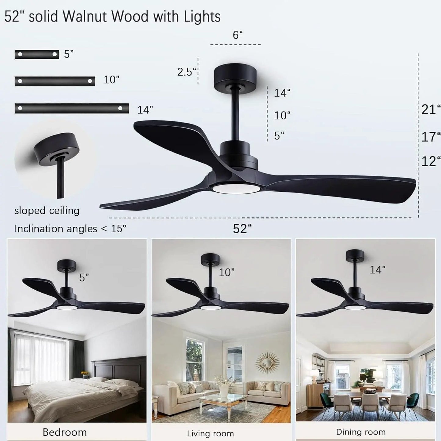 52 Inch Wood Ceiling Fan With Remote And Light Kit Black from PriceLows™