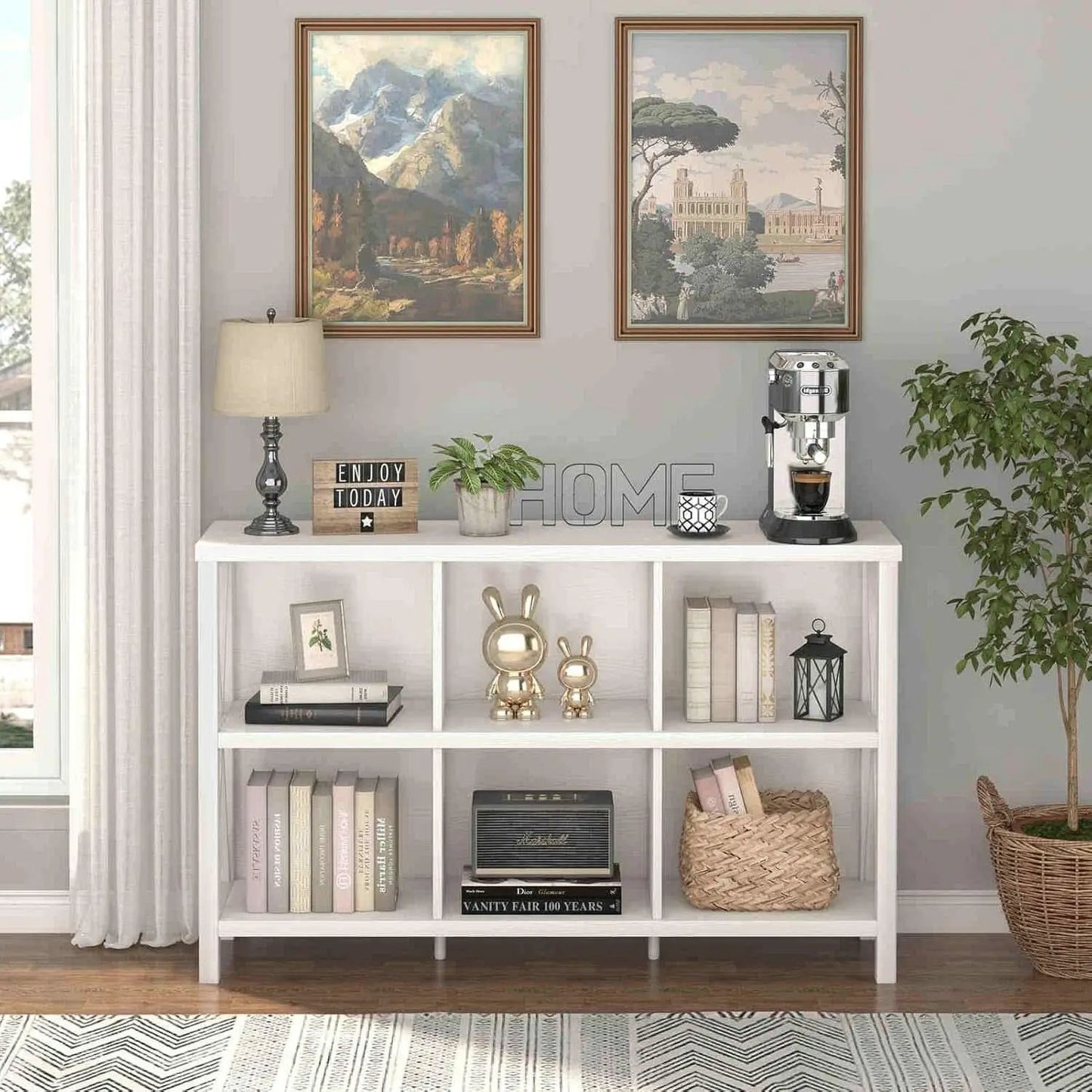 Six Cube Storage Organizer White Oak 47 Inch Bookshelf from PriceLows™