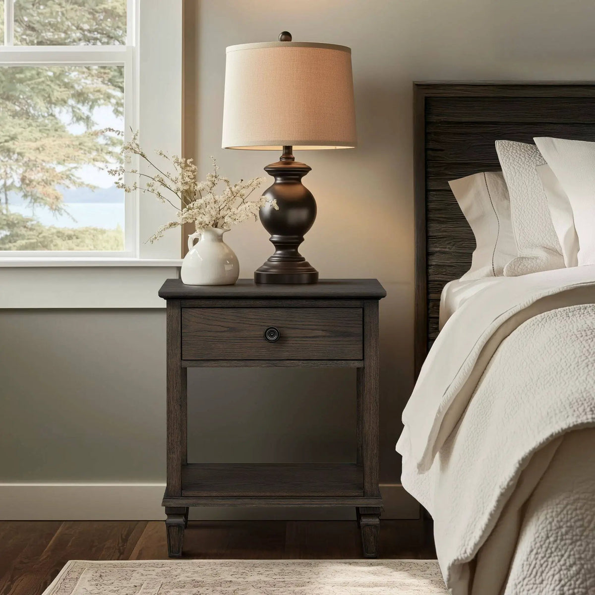 Victoria Bedside Table | Aged Brown Oak Finish | Drawer And Open Shelf | Wire Brush Detail