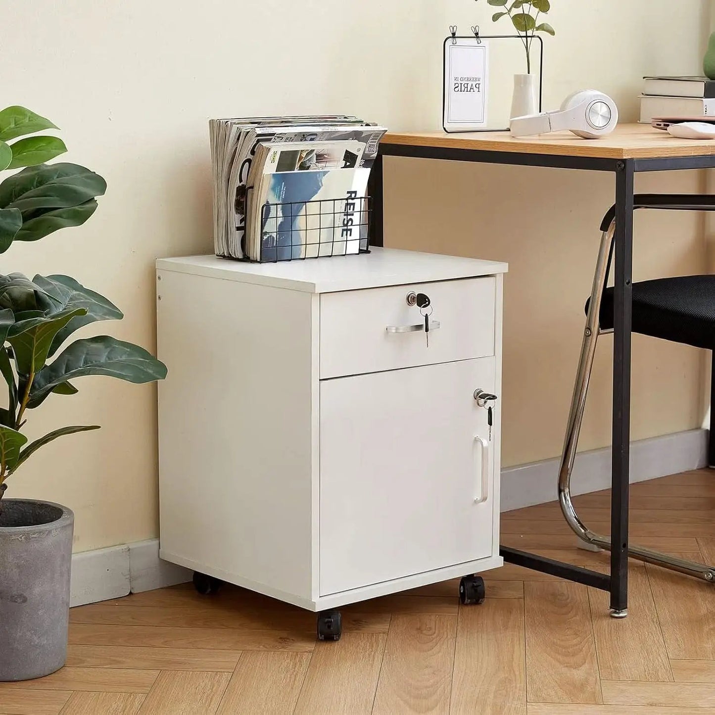 White Mobile File Cabinet With Lockable Drawer And Door from PriceLows™