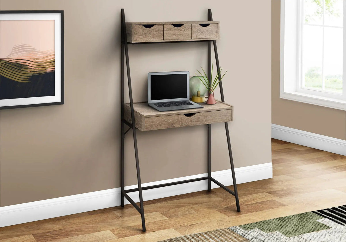 Leaning Computer Desk | 61.25 Inch Height | Long Storage Drawer | Strong Metal Frame