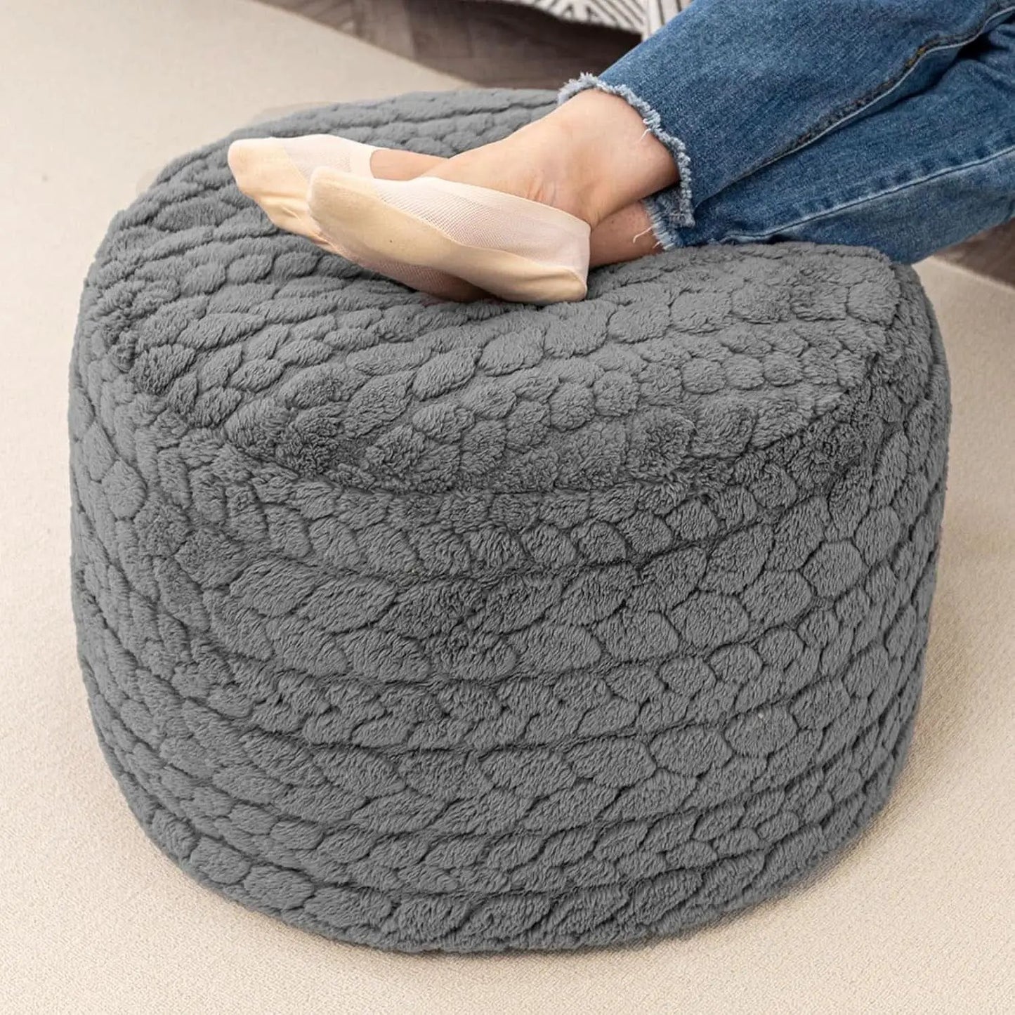 Luxuriously Round Pouf Ottoman 20x20 Gray Footrest from PriceLows™