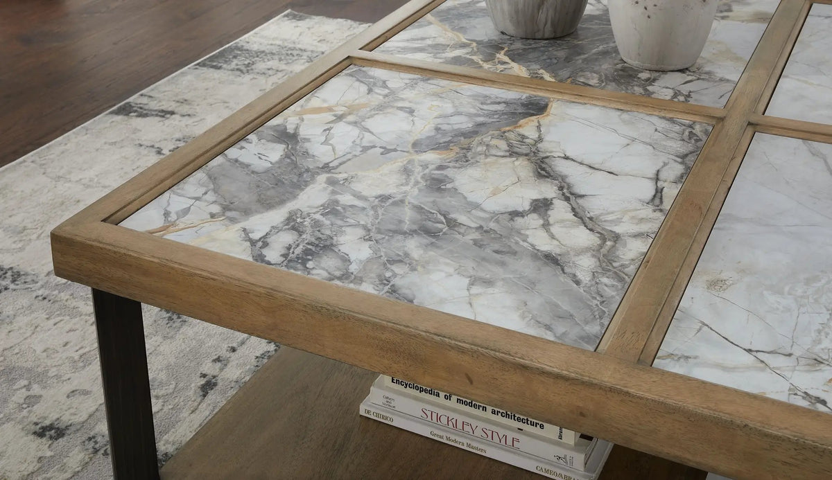 Montia Square Cocktail Table | 48 Inch Square | Sintered Stone Top | Mango Veneer