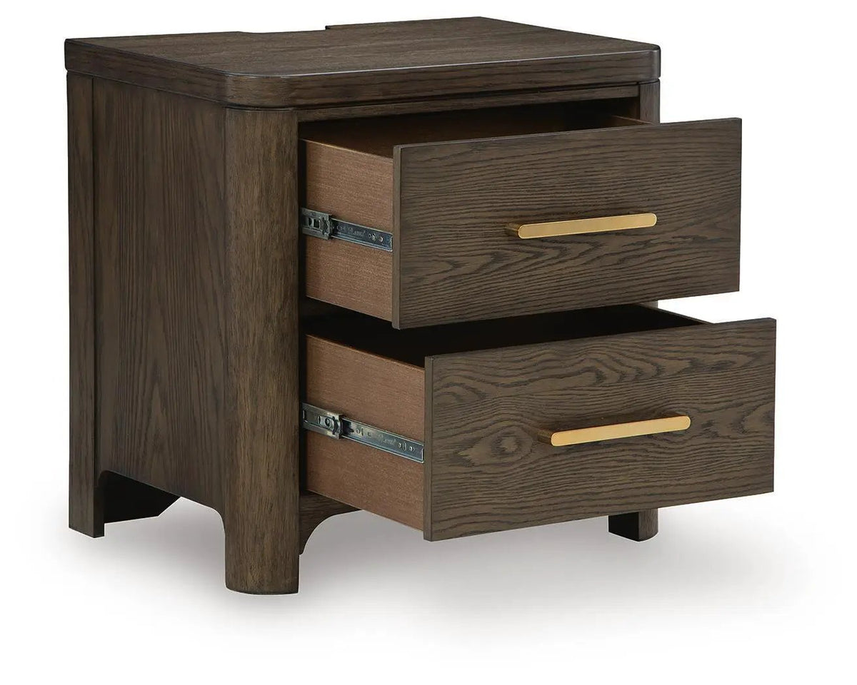 Radkin Two Drawer Nightstand | Charging | Burnished Brown | Lined Top Drawer