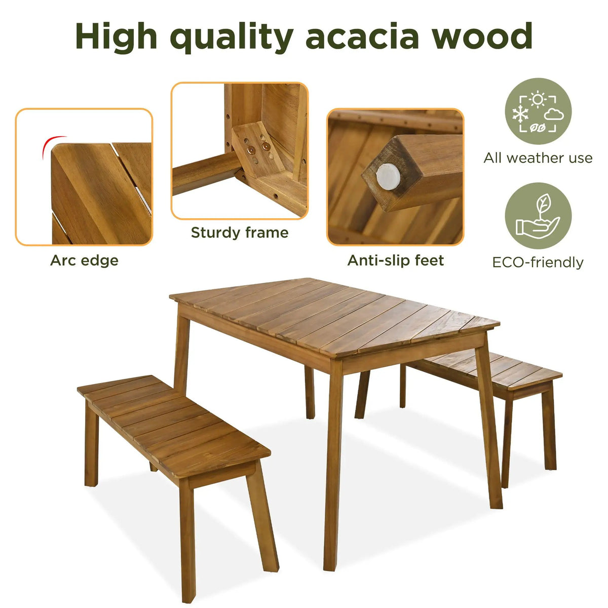 Acacia Wood Dining Set | 3 Piece Table | 2 Benches | Natural Finish