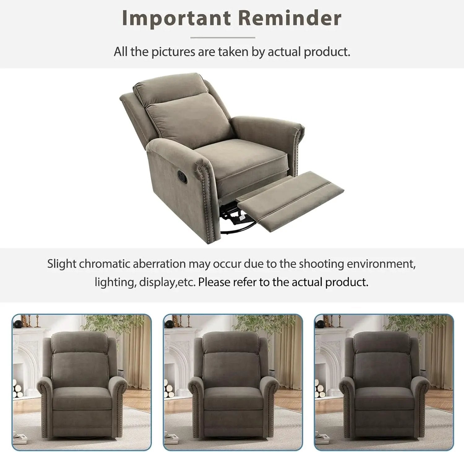 Light Brown Velvet Swivel Rocker Recliner Nailhead Trim from PriceLows™