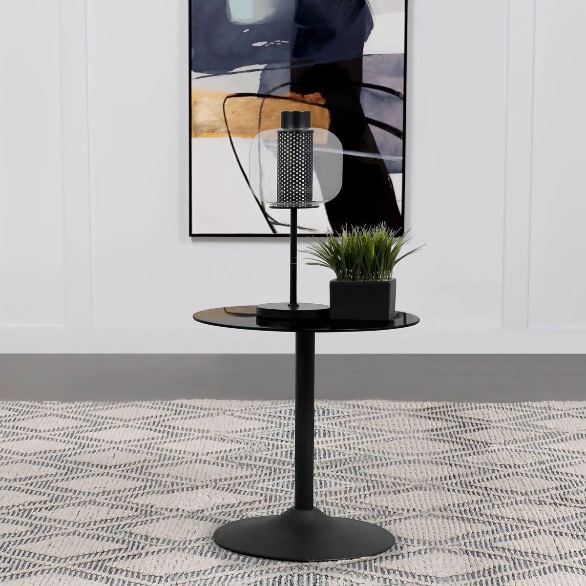 Ganso Round Metal End Table With Tempered Glass Top | 23.5 x 23.5 x 24.25 in | Tempered Glass & Metal | Black