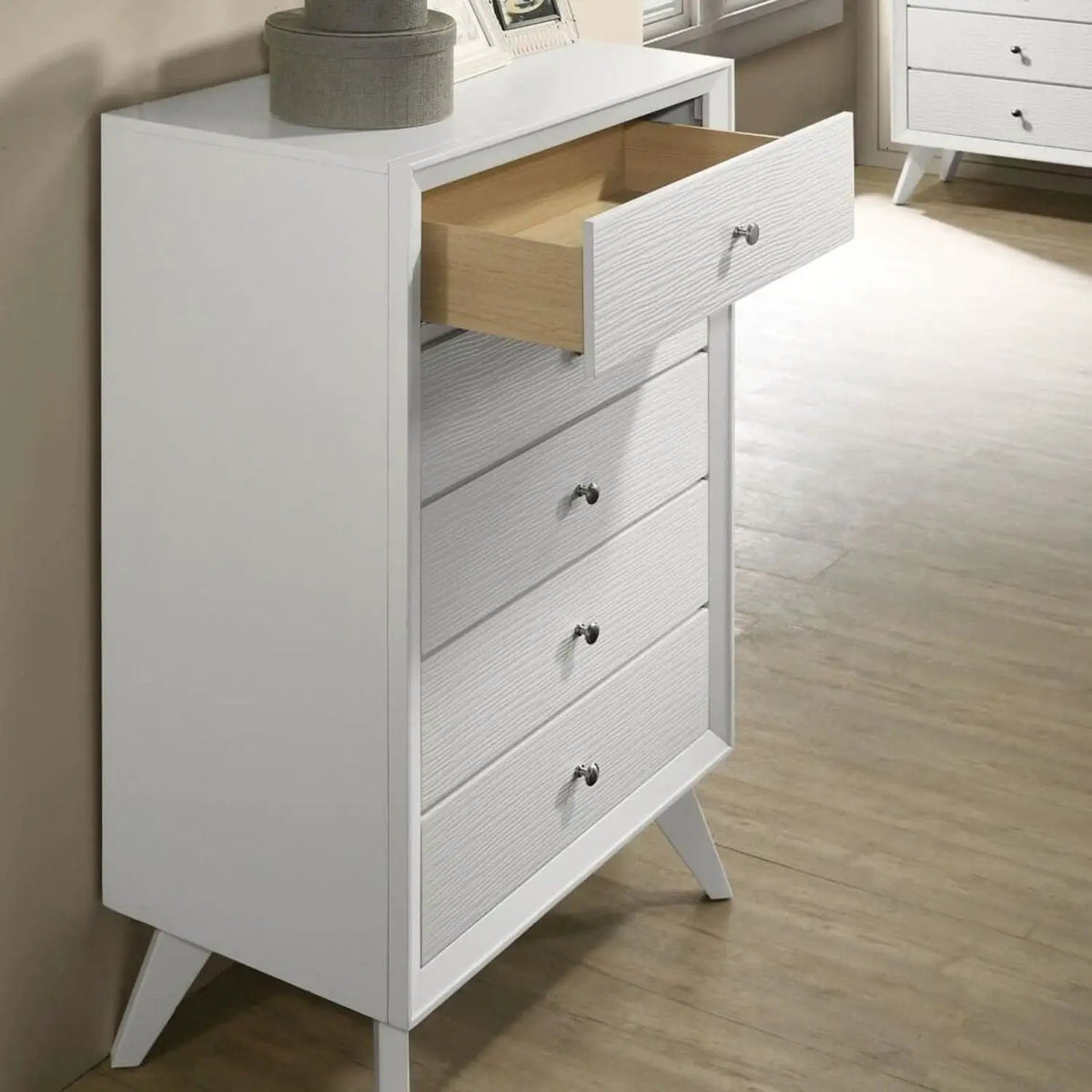 Accent Chest | White Finish | Angled Legs | Wave Texture And Round Knobs