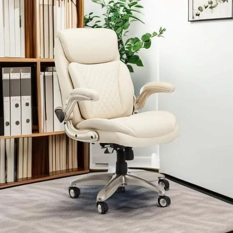 Cream Leather Ergonomic Office Chair With Flip Up Armrests from PriceLows™