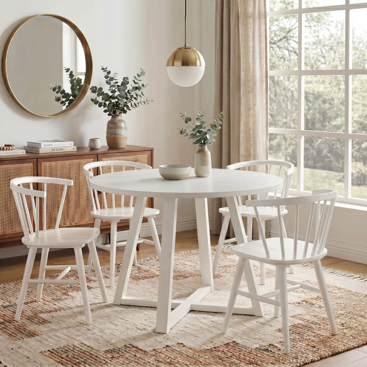 Edo Trestle Dining Table Set | 5-Piece | 4 White Windsor Chairs | Melamine Tabletop