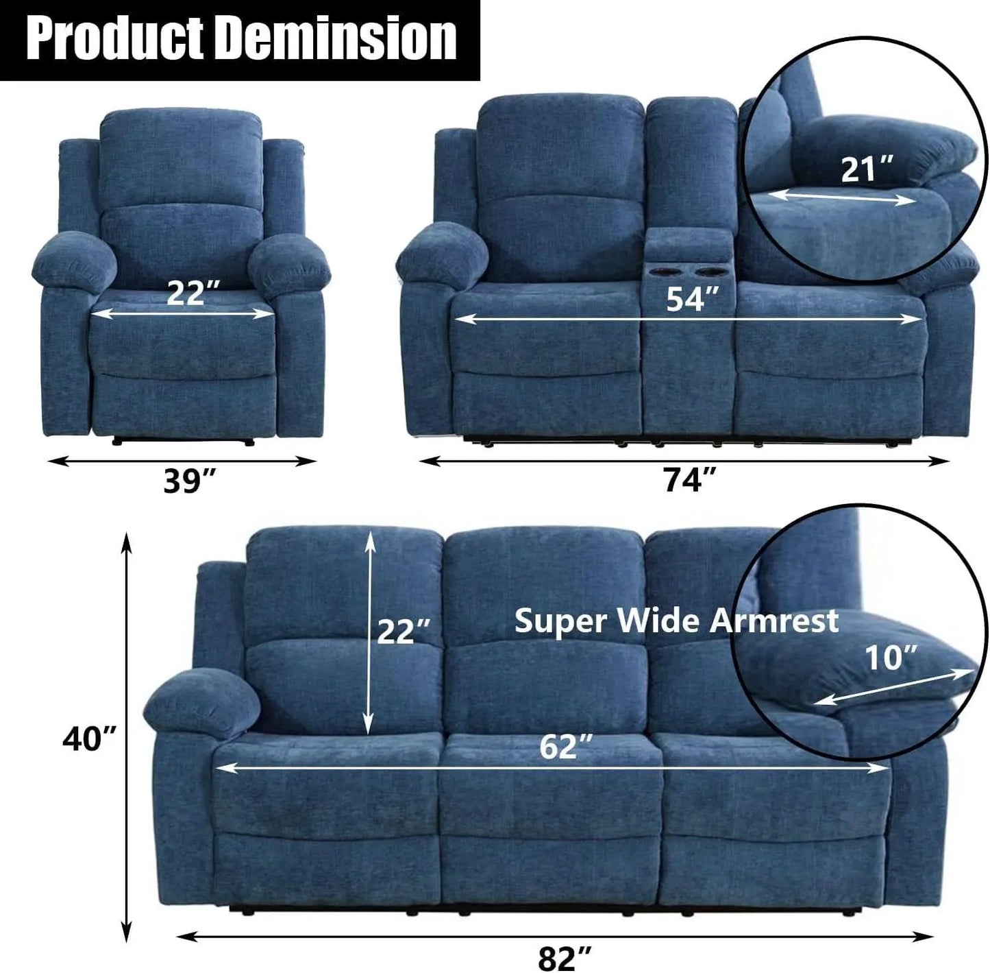 Blue Linen Recliner Sofa Set With Drop Down Table Storage from PriceLows™