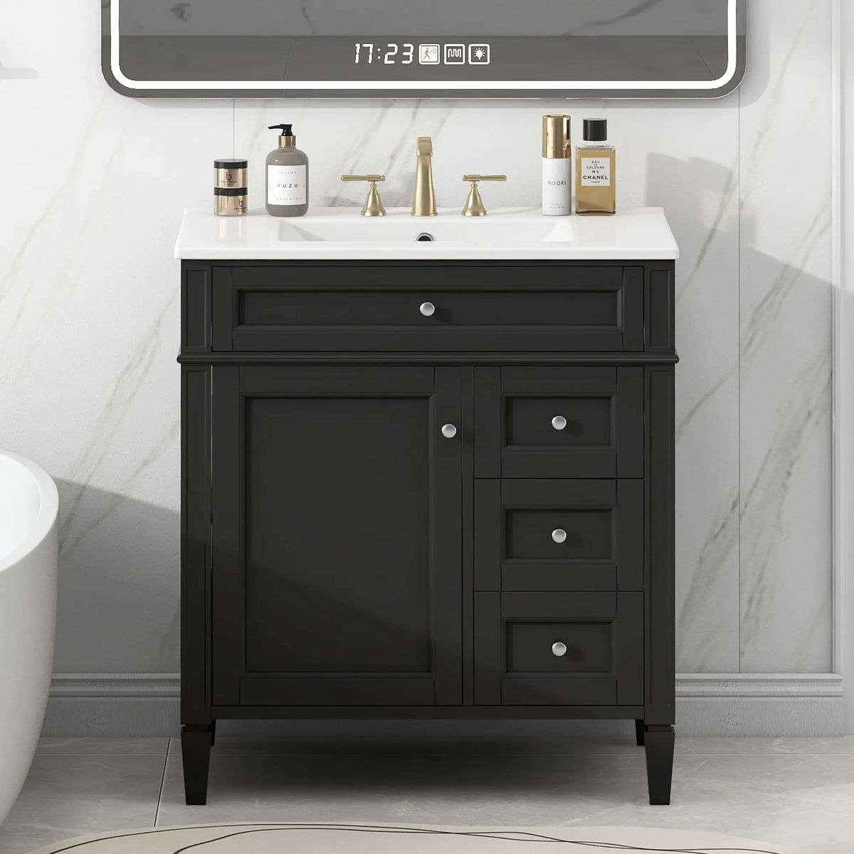 30 Inch Bathroom Vanity With Top Sink | 2 Drawers | Tip-Out Drawer | Vintage-Inspired Handles