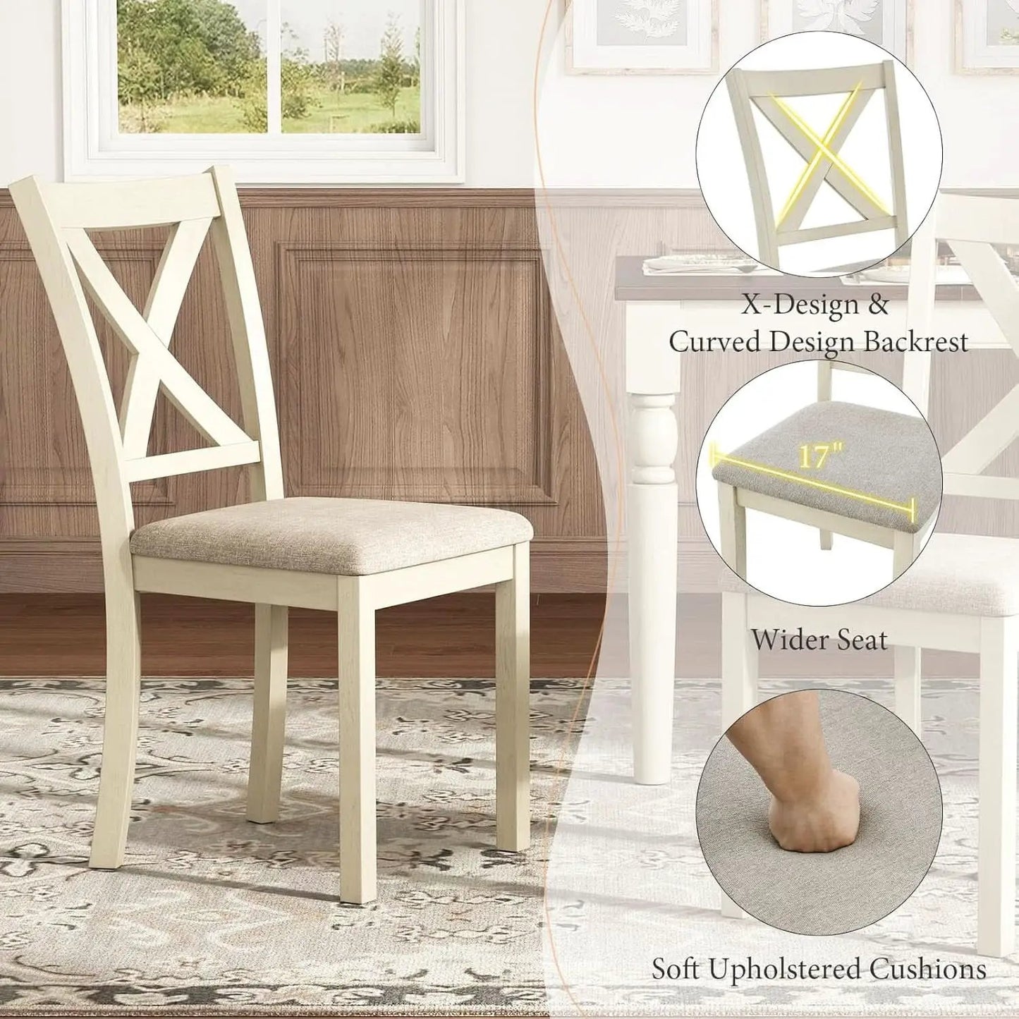 Sixty Inch Solid Wood Walnut Finish Dining Table Set Upholstered Chairs from PriceLows™