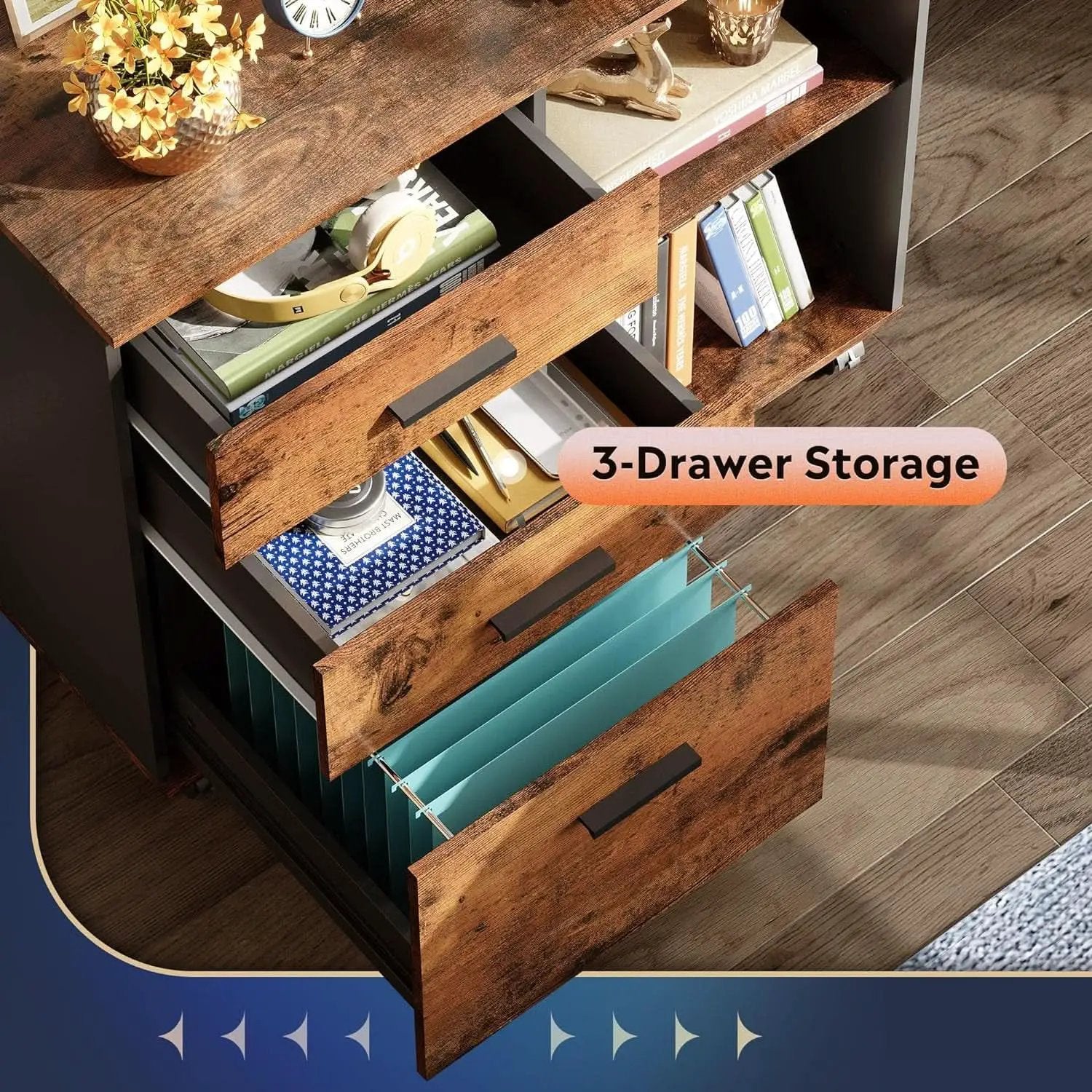 Rustic Brown 3 Drawer Mobile File Cabinet With Open Shelves Printer Stand For Home Office from PriceLows™