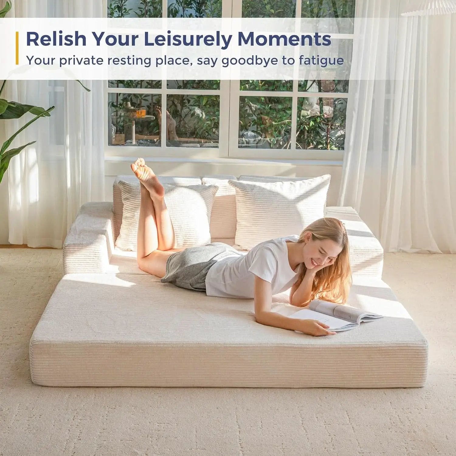 Beige Foldable Convertible Sleeper Sofa With CupHolders from PriceLows™
