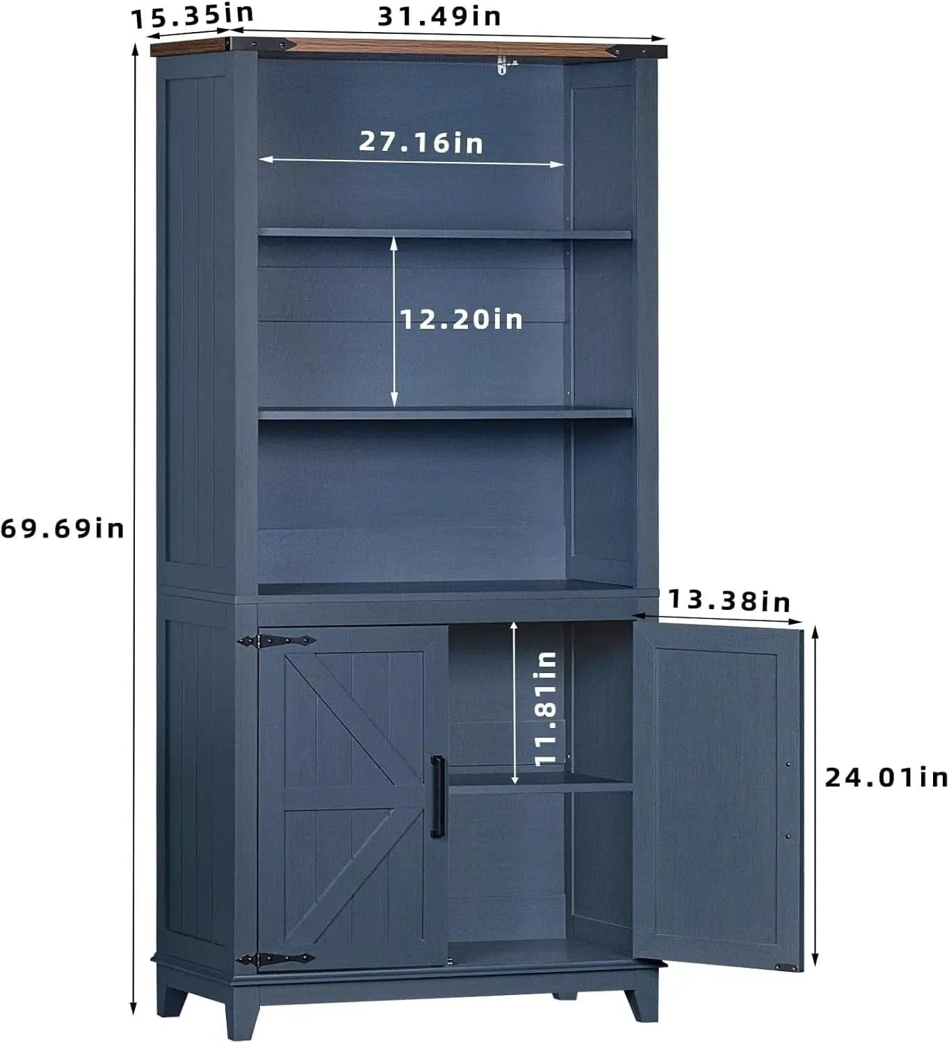 Blue 70 Inch Tall Farmhouse Bookcase Adjustable Shelves from PriceLows™