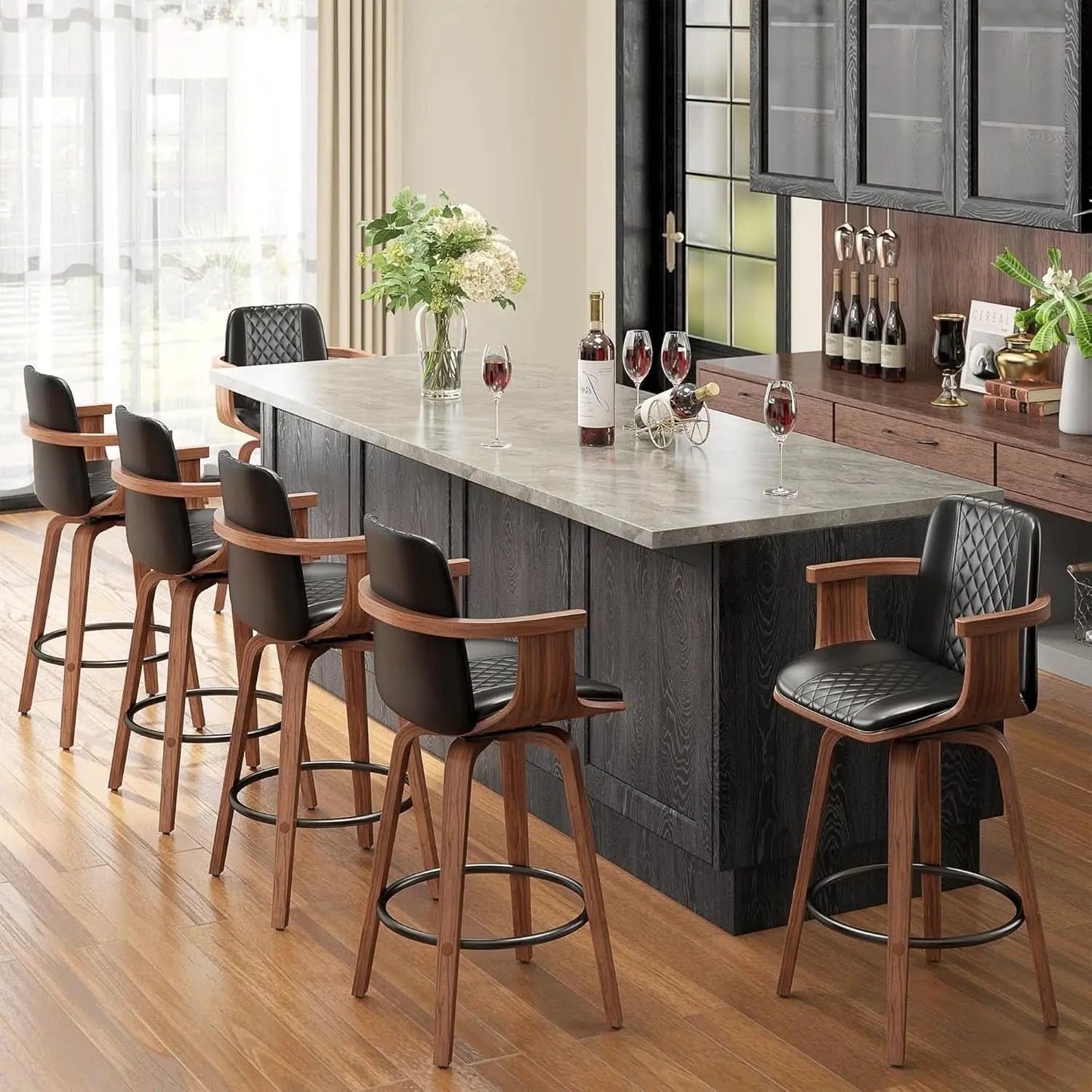 Set Of 3 26 Inch Bar Stools Black PU Leather Upholstery from PriceLows™
