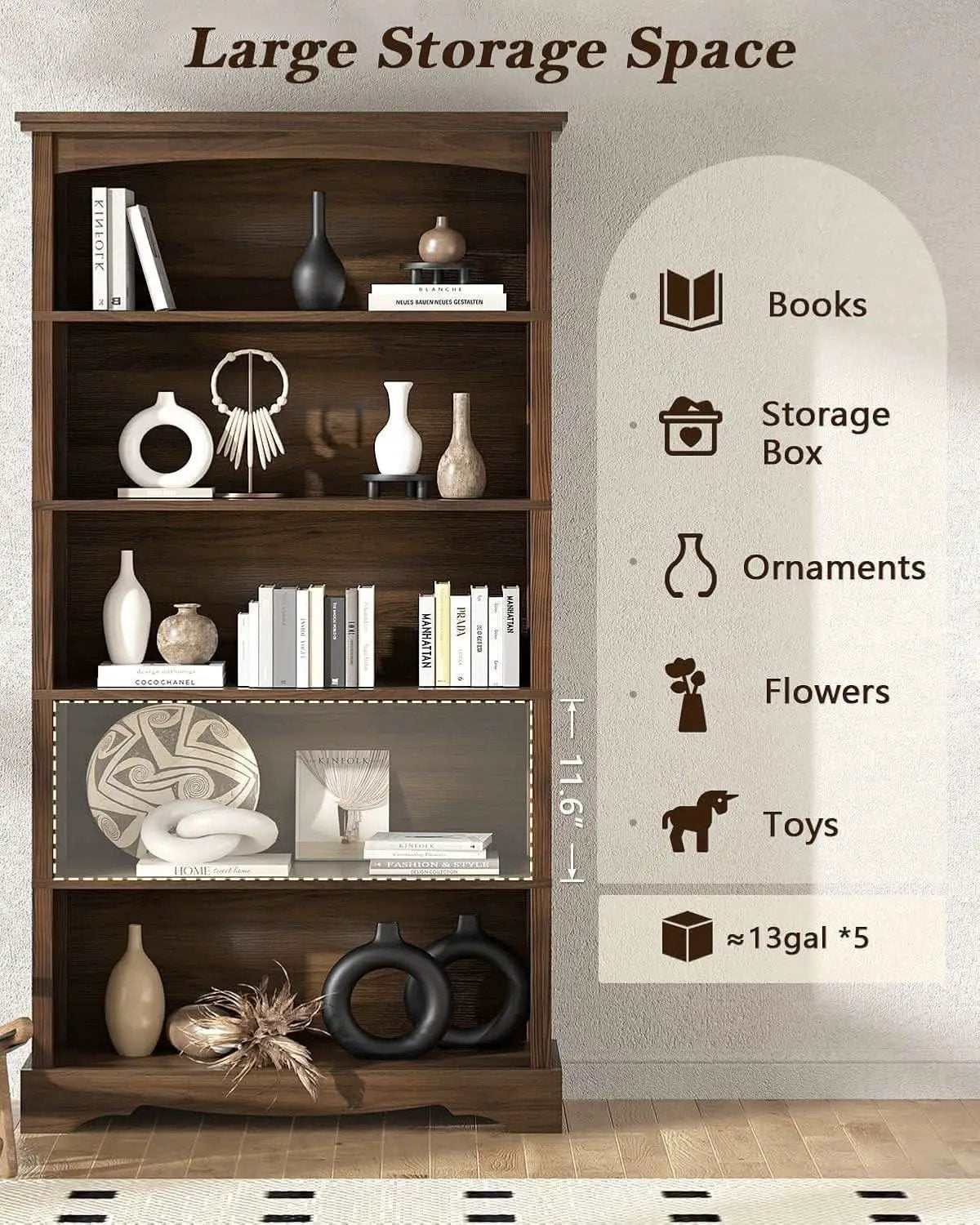 65-Inch Tall Brown Wooden Bookshelf With Five Tiers from PriceLows™
