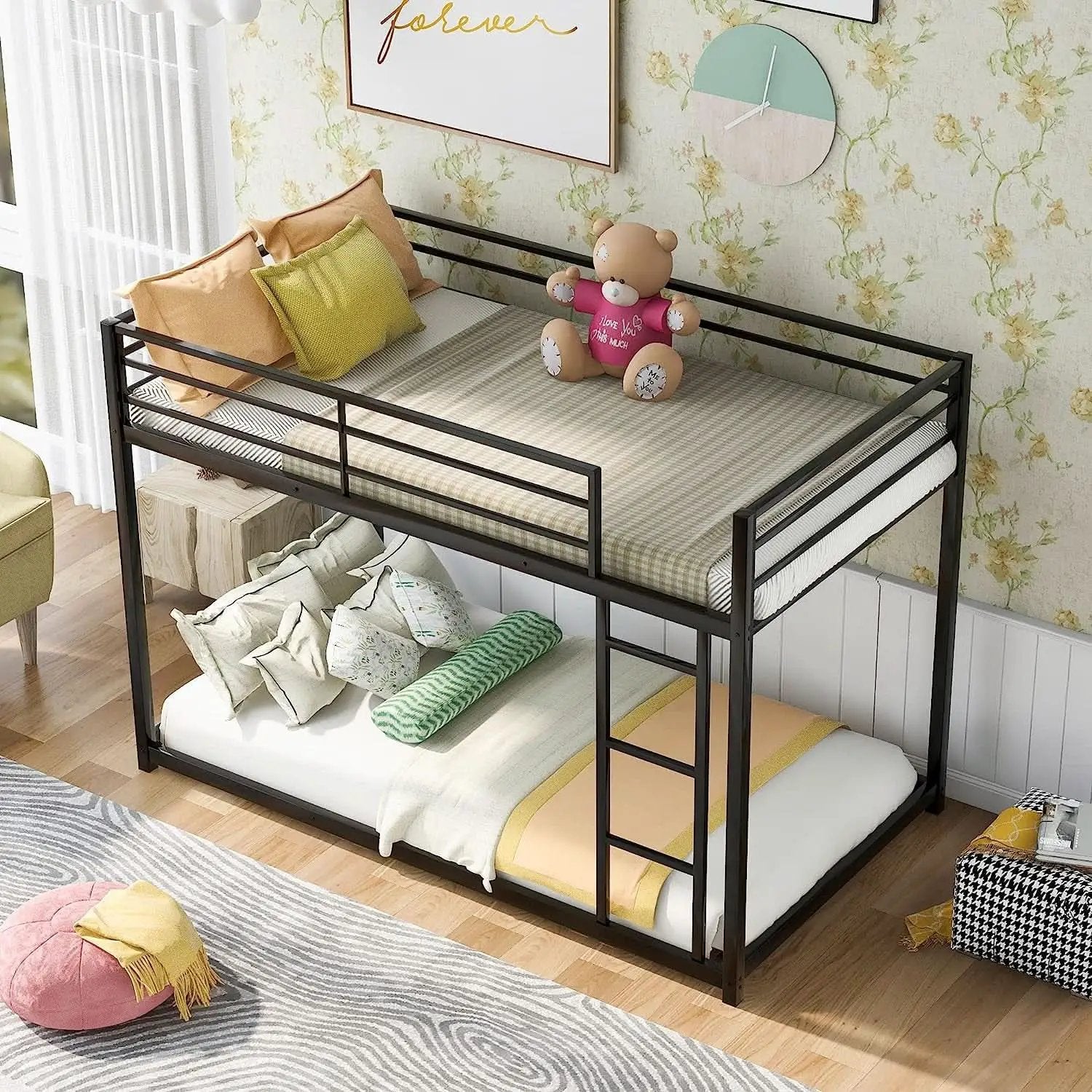 Black Twin Metal Bunk Bed With Guard Rails And Ladder from PriceLows™