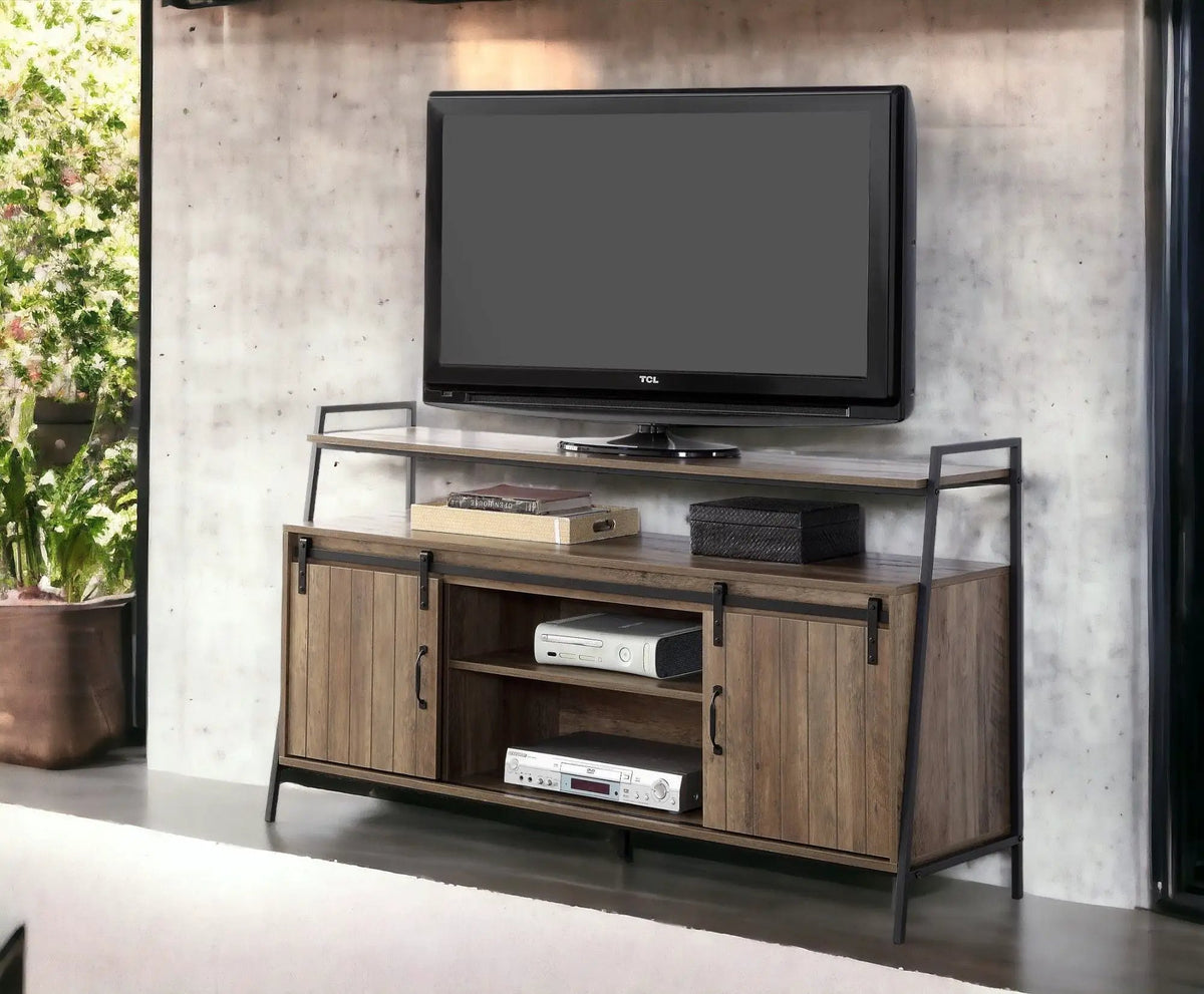 Rashawn Rustic TV Stand | Sliding Barn Doors | Oak Finish | Metal Frame And Composite Wood