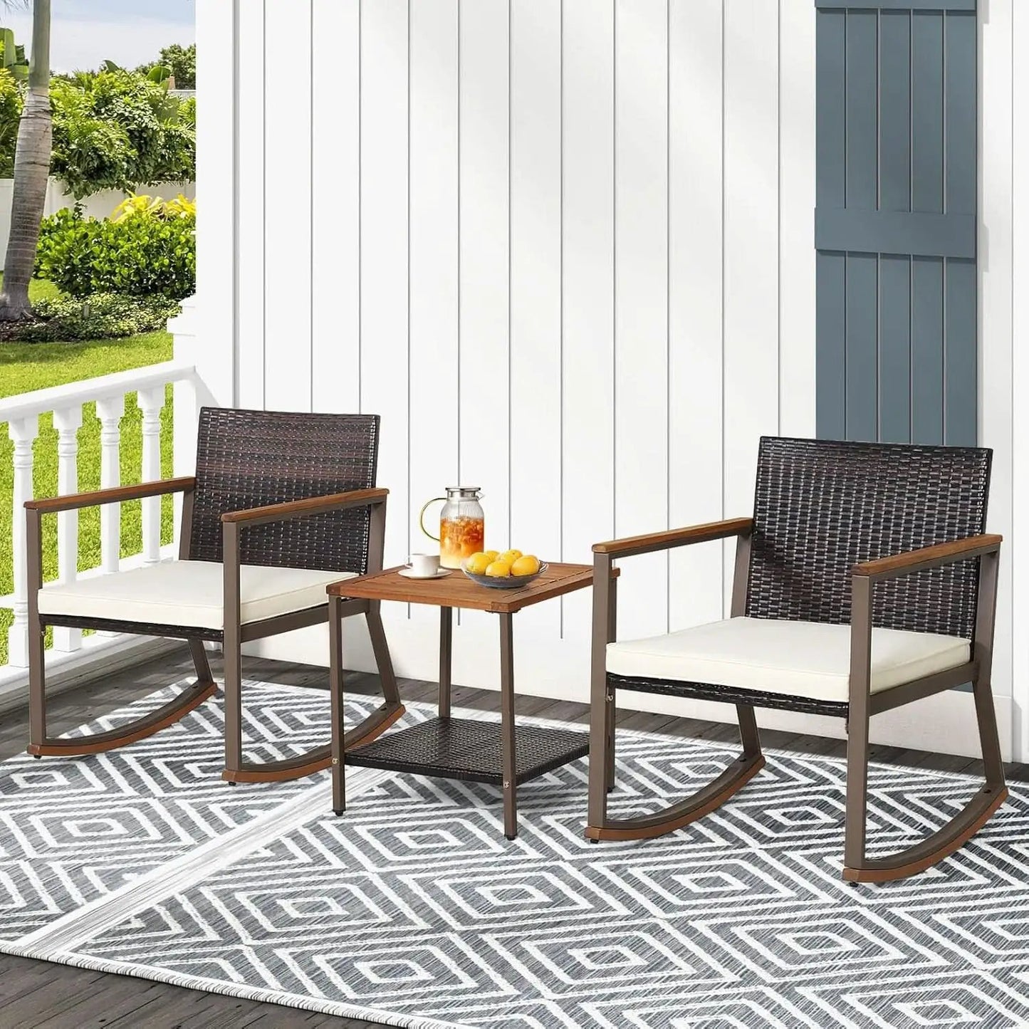 Three Piece Rocking Bistro Set With Cushions And Coffee Table For Outdoor Rattan Patio Off White from PriceLows™