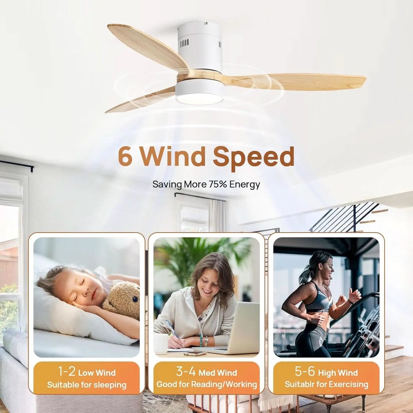 52 Inch White Wood Ceiling Fan With LED Light And Remote from PriceLows™