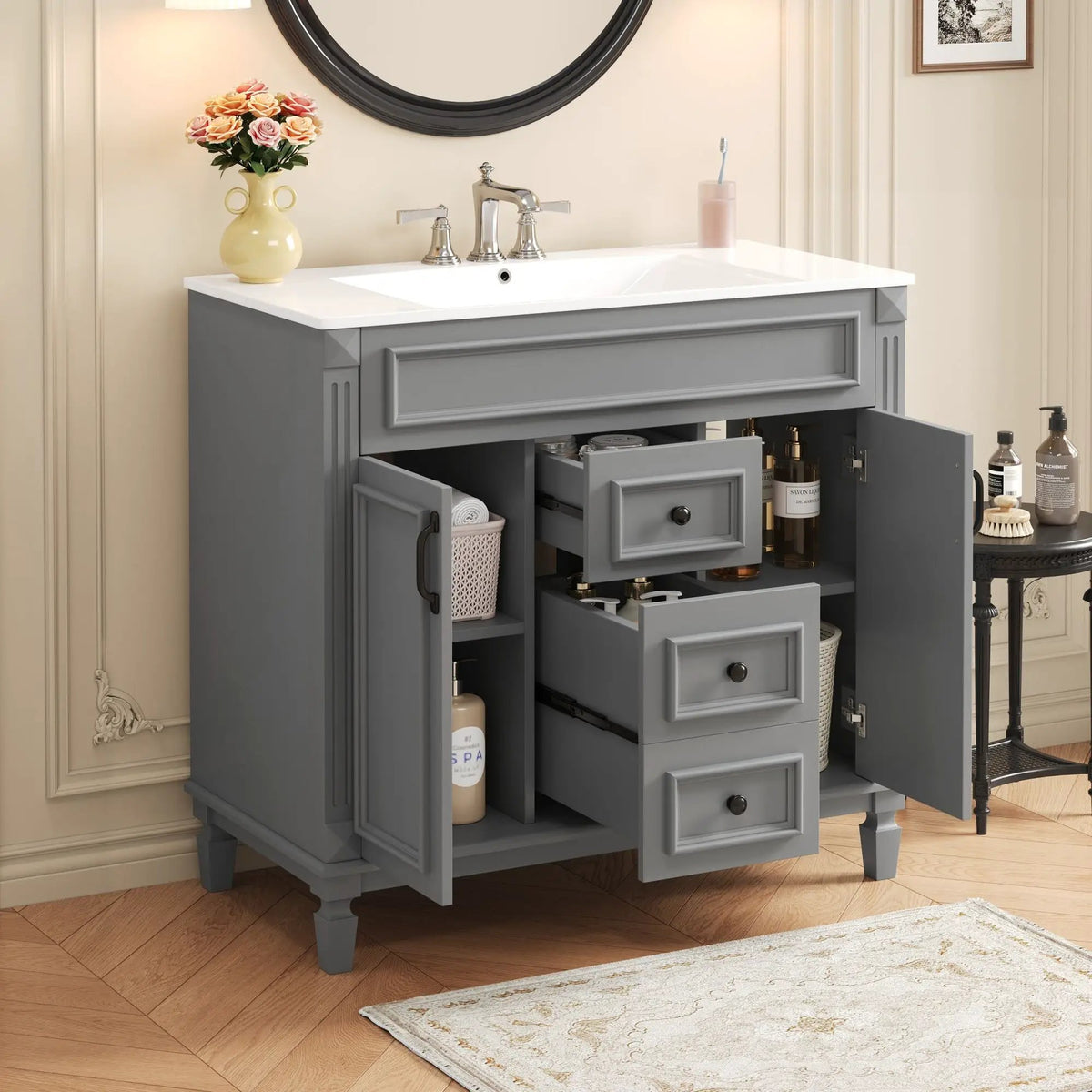 36 Inch Bathroom Vanity With Top Sink | Basin On Cabinet | 2 Soft Closing Doors | 2 Drawers