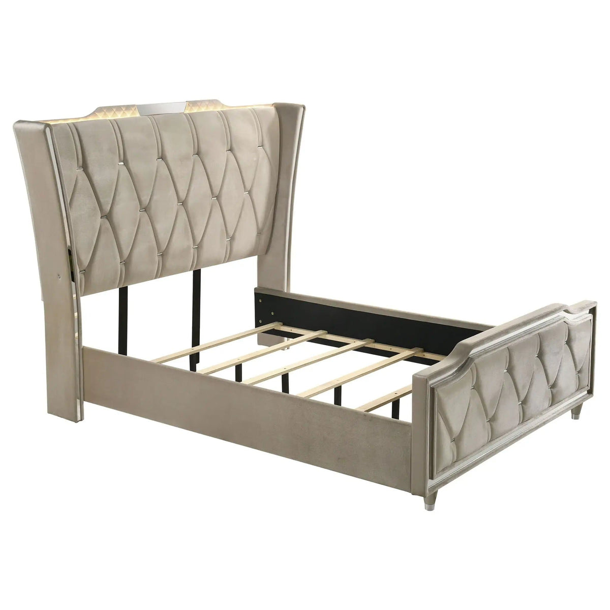 Lorient Queen LED Upholstered Wingback Bed Ivory and Camel | 80.25 x 92.5 x 63.25 in | Rubberwood & Engineered Wood | Bedroom