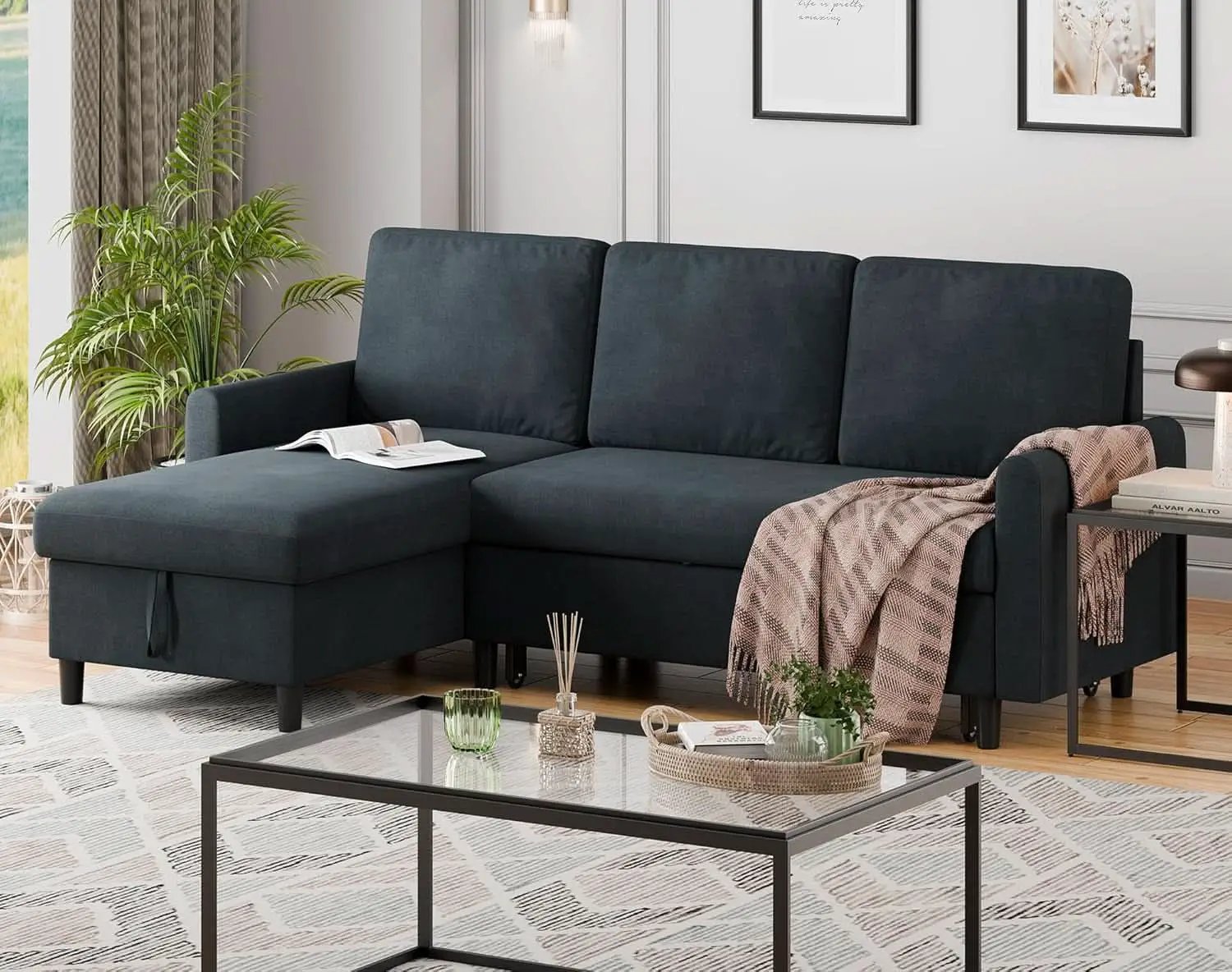 Dark Gray Convertible Sectional Sofa Bed Storage Drawer from PriceLows™