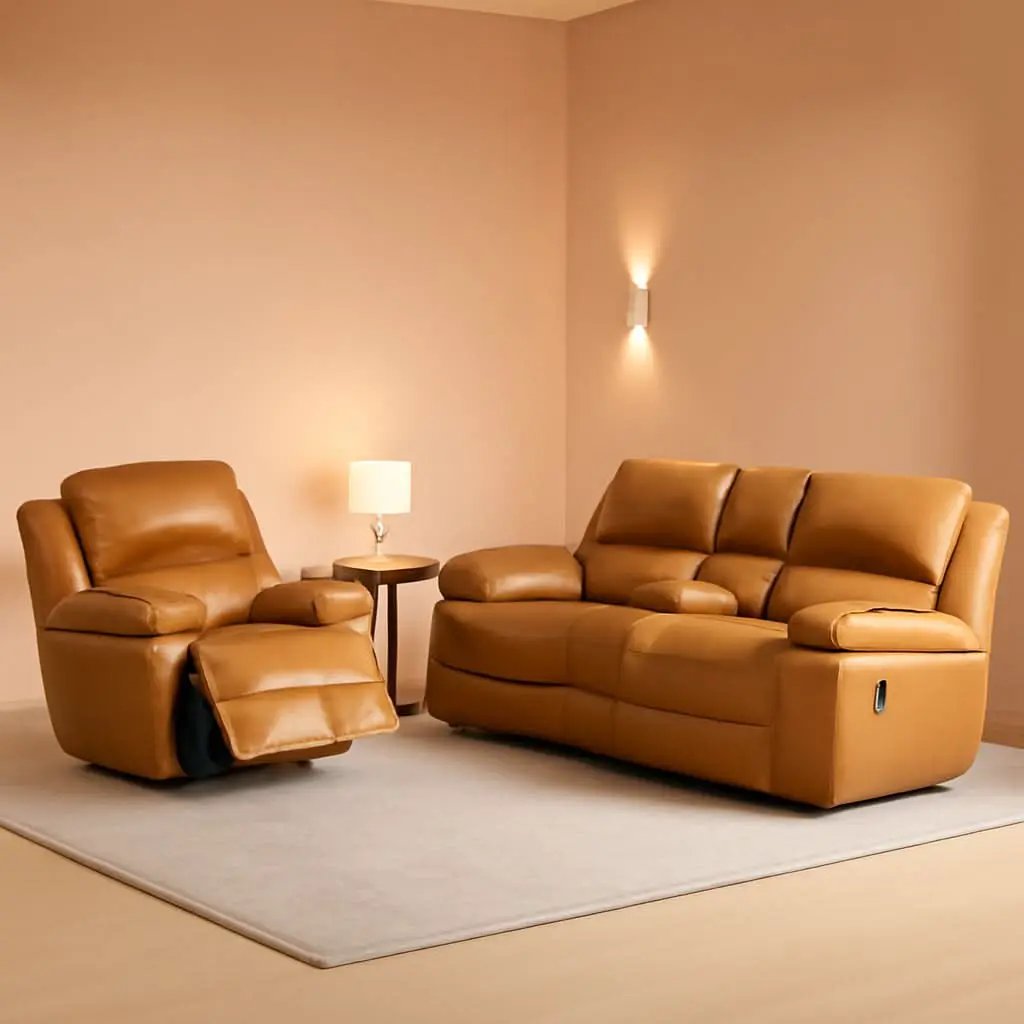 Manual Recliner Sofa Set Ginger Leather With Cup Holder from PriceLows™