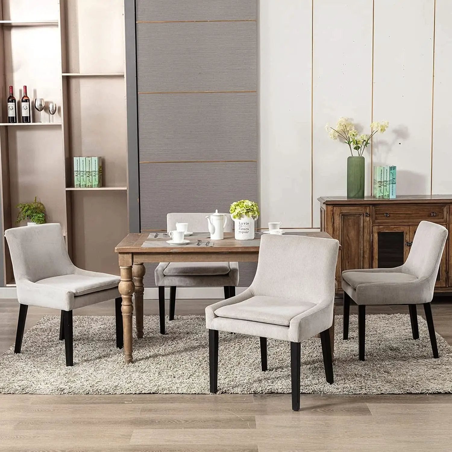 Beige Corduroy Dining Chairs With Wood Legs Set Of 6 from PriceLows™